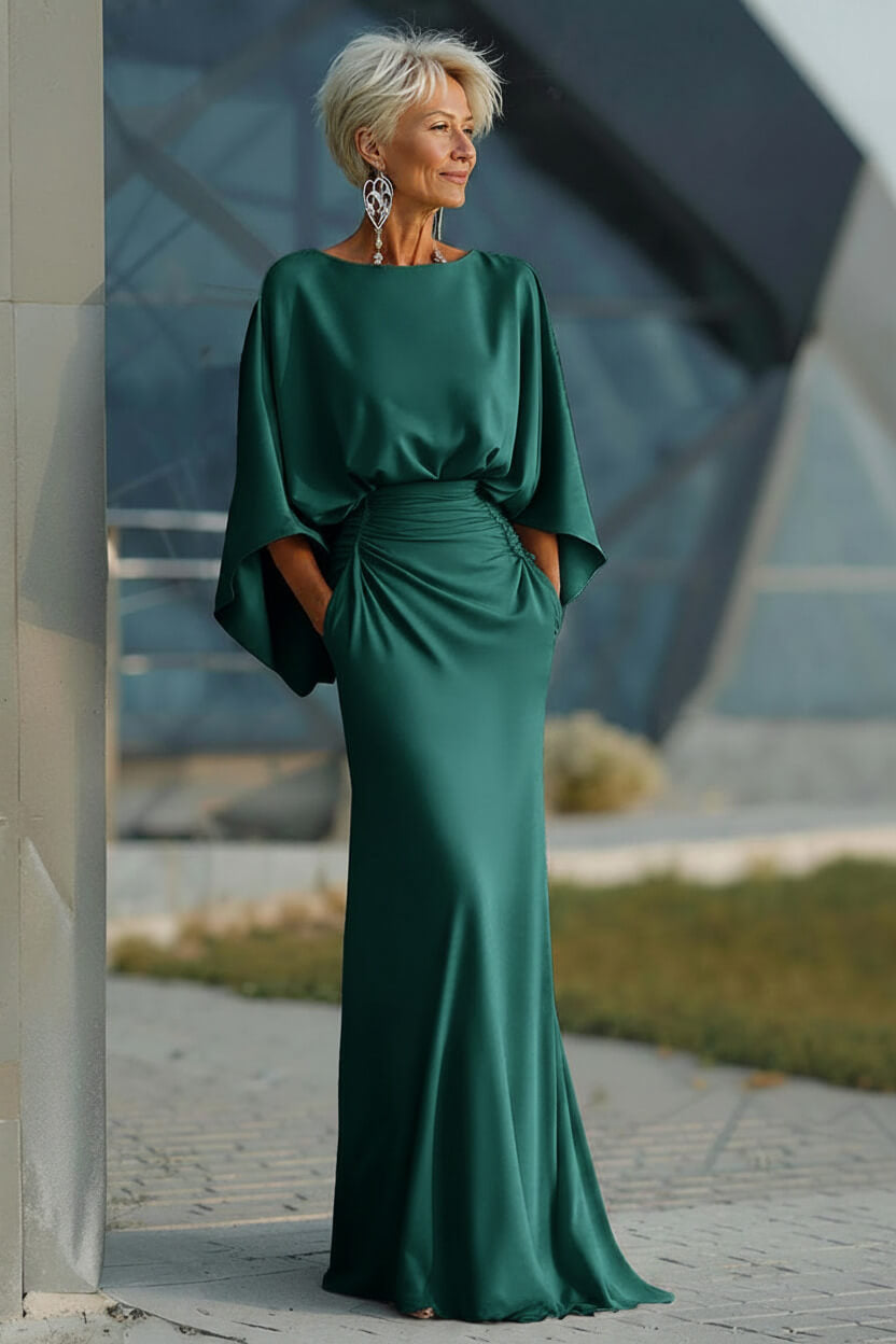Elegant Navy Satin Mermaid Backless Long Mother Of The Bride Dress With Pockets