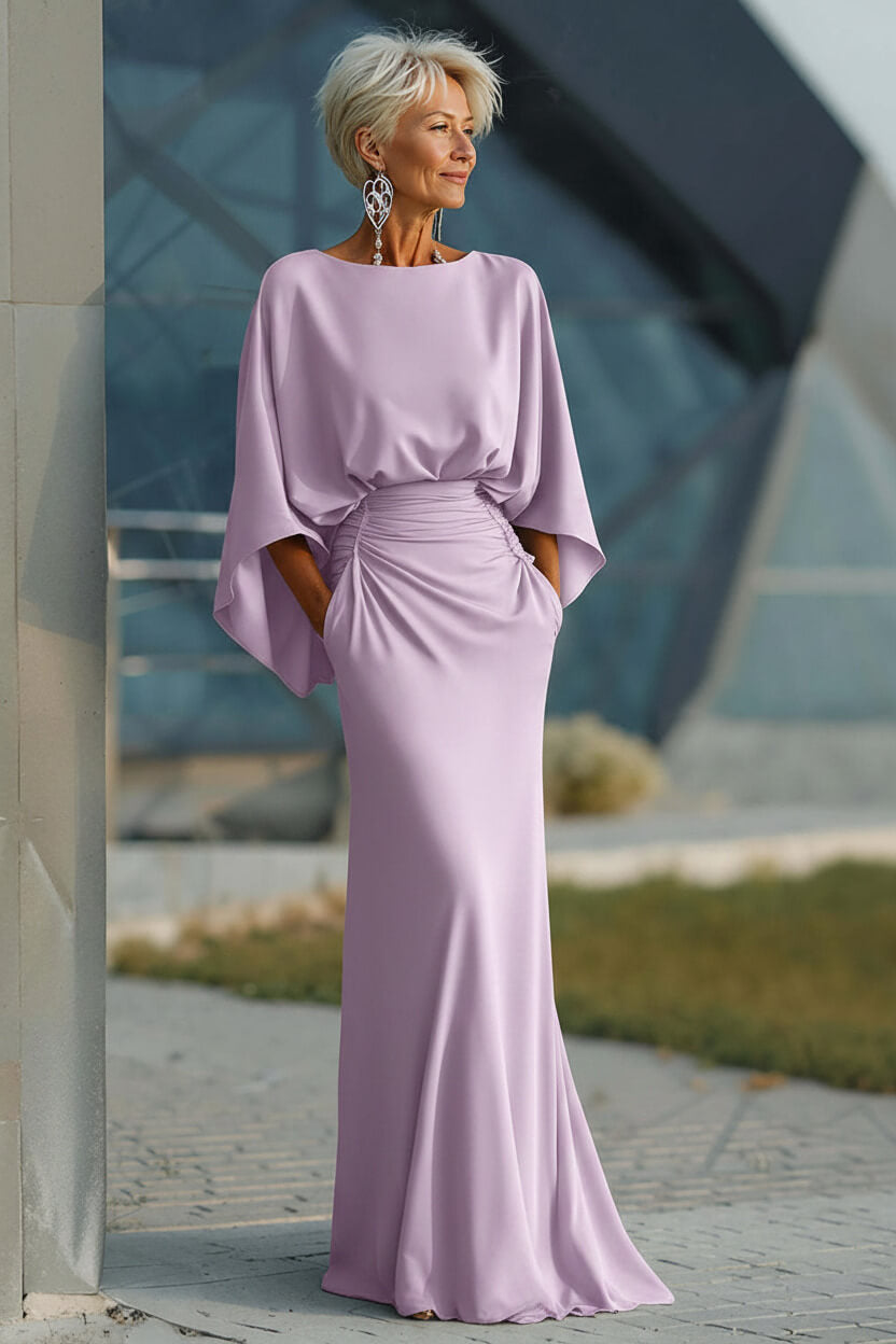 Elegant Navy Satin Mermaid Backless Long Mother Of The Bride Dress With Pockets
