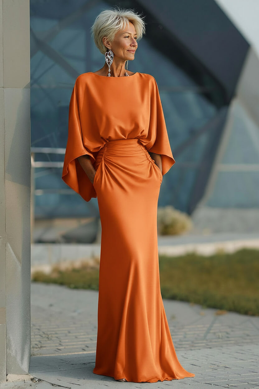 Elegant Navy Satin Mermaid Backless Long Mother Of The Bride Dress With Pockets