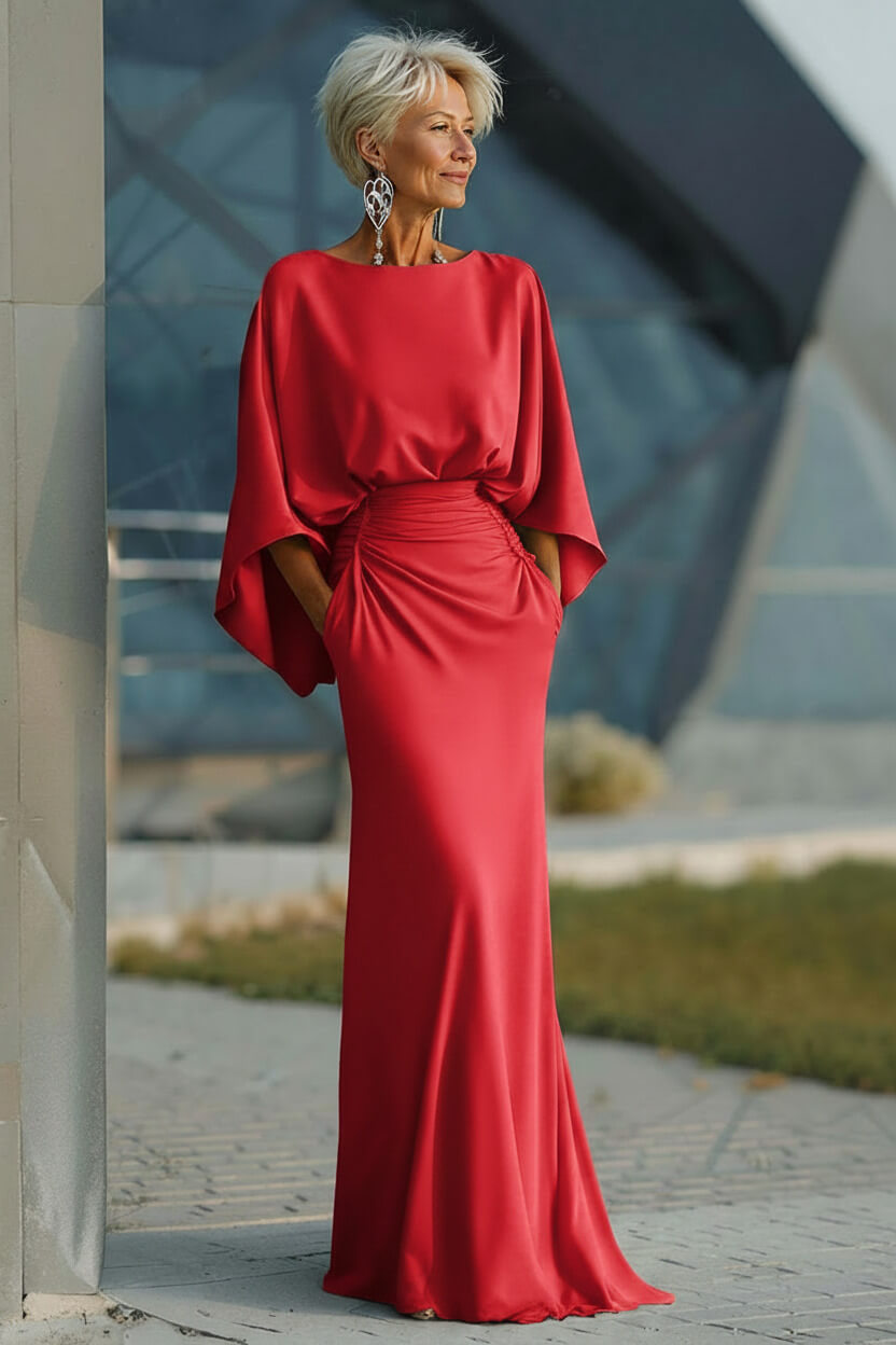 Elegant Navy Satin Mermaid Backless Long Mother Of The Bride Dress With Pockets