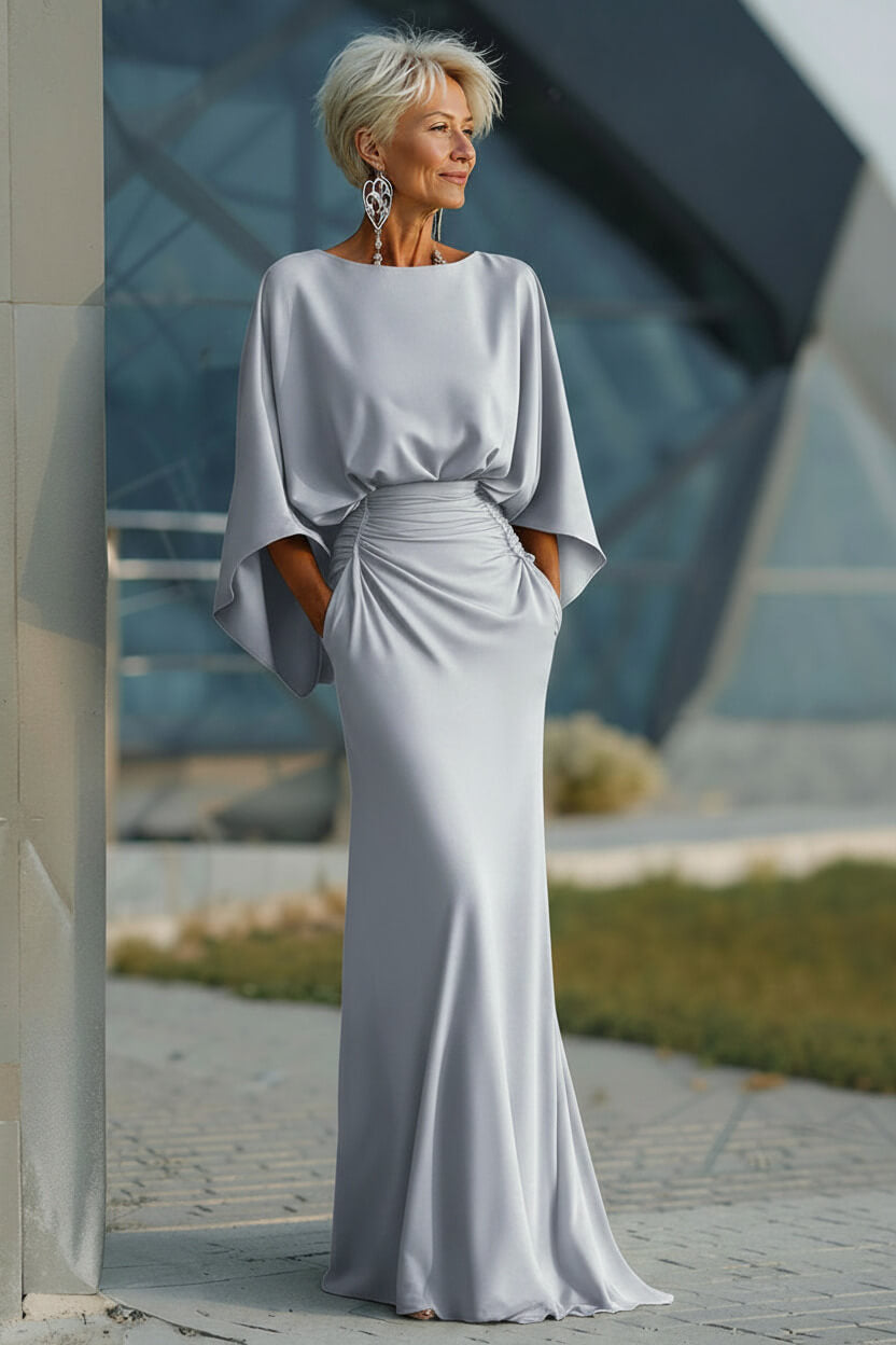 Elegant Navy Satin Mermaid Backless Long Mother Of The Bride Dress With Pockets