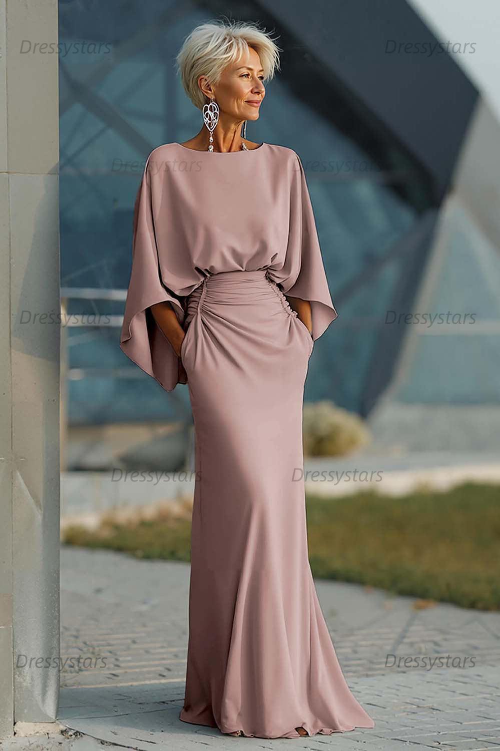 Elegant Navy Satin Mermaid Backless Long Mother Of The Bride Dress With Pockets