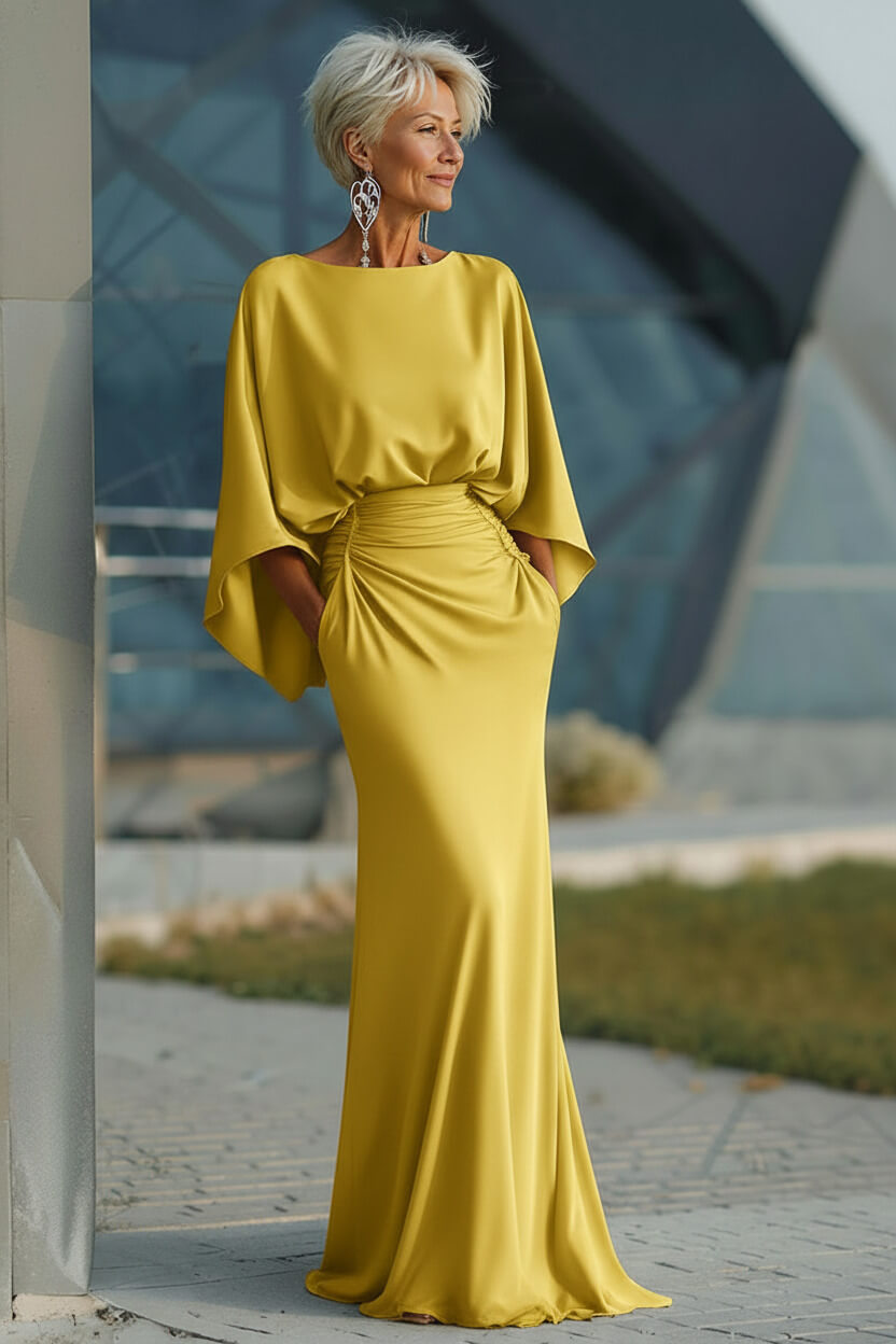 Elegant Navy Satin Mermaid Backless Long Mother Of The Bride Dress With Pockets
