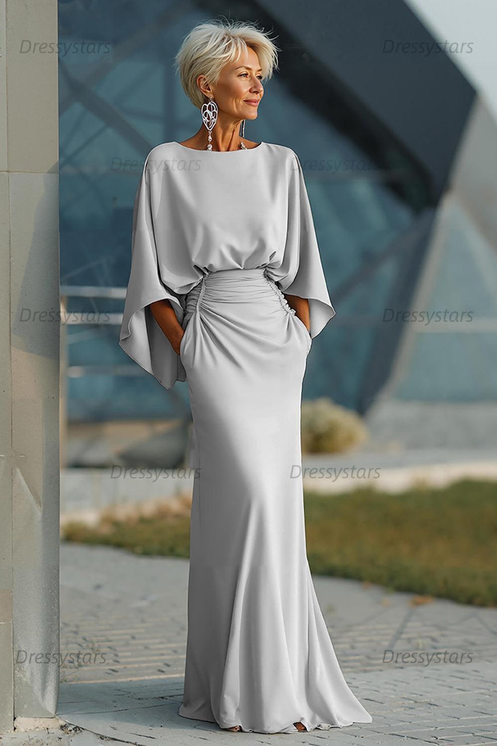 Elegant Navy Satin Mermaid Backless Long Mother Of The Bride Dress With Pockets