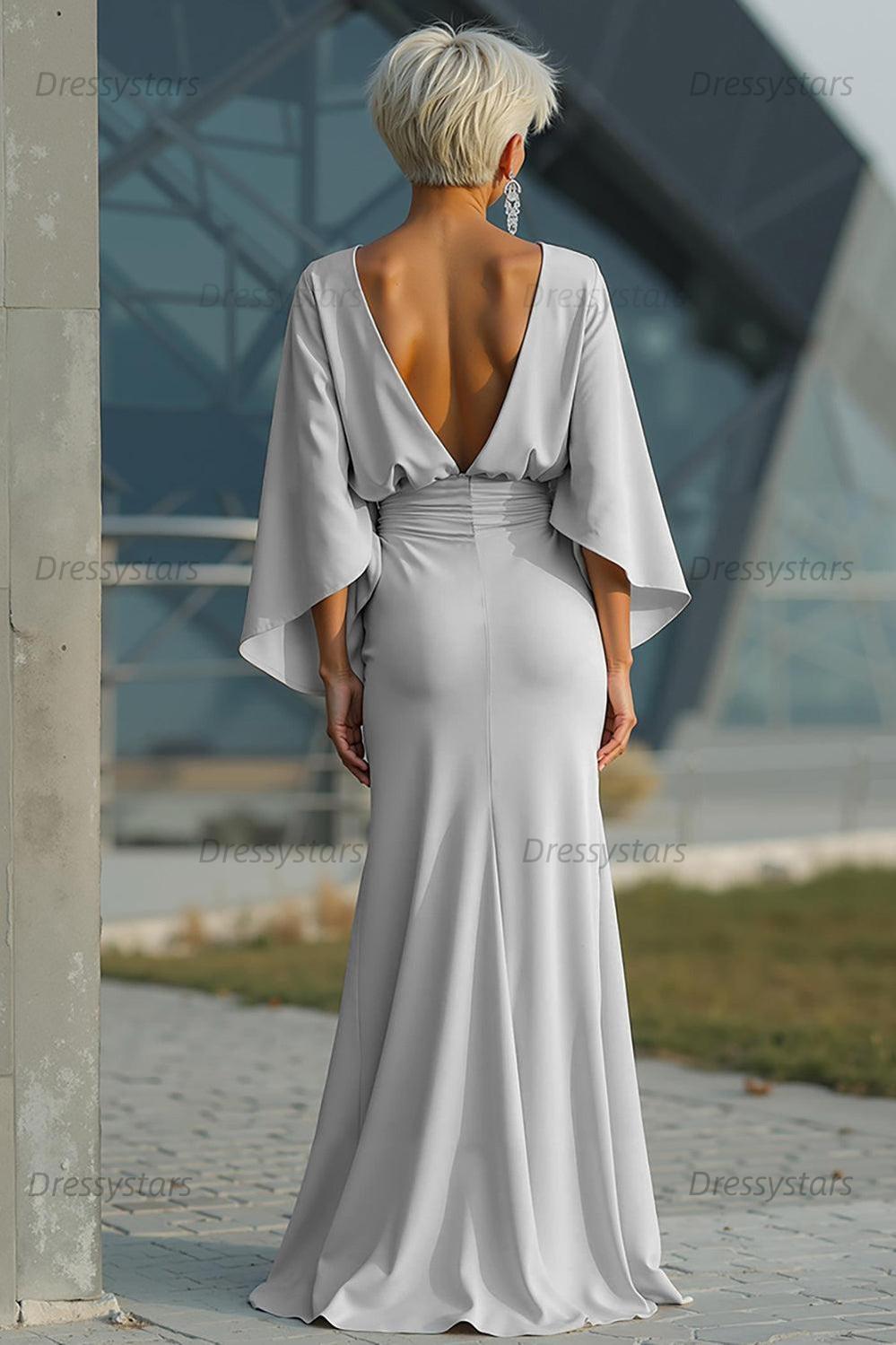 Elegant Navy Satin Mermaid Backless Long Mother Of The Bride Dress With Pockets