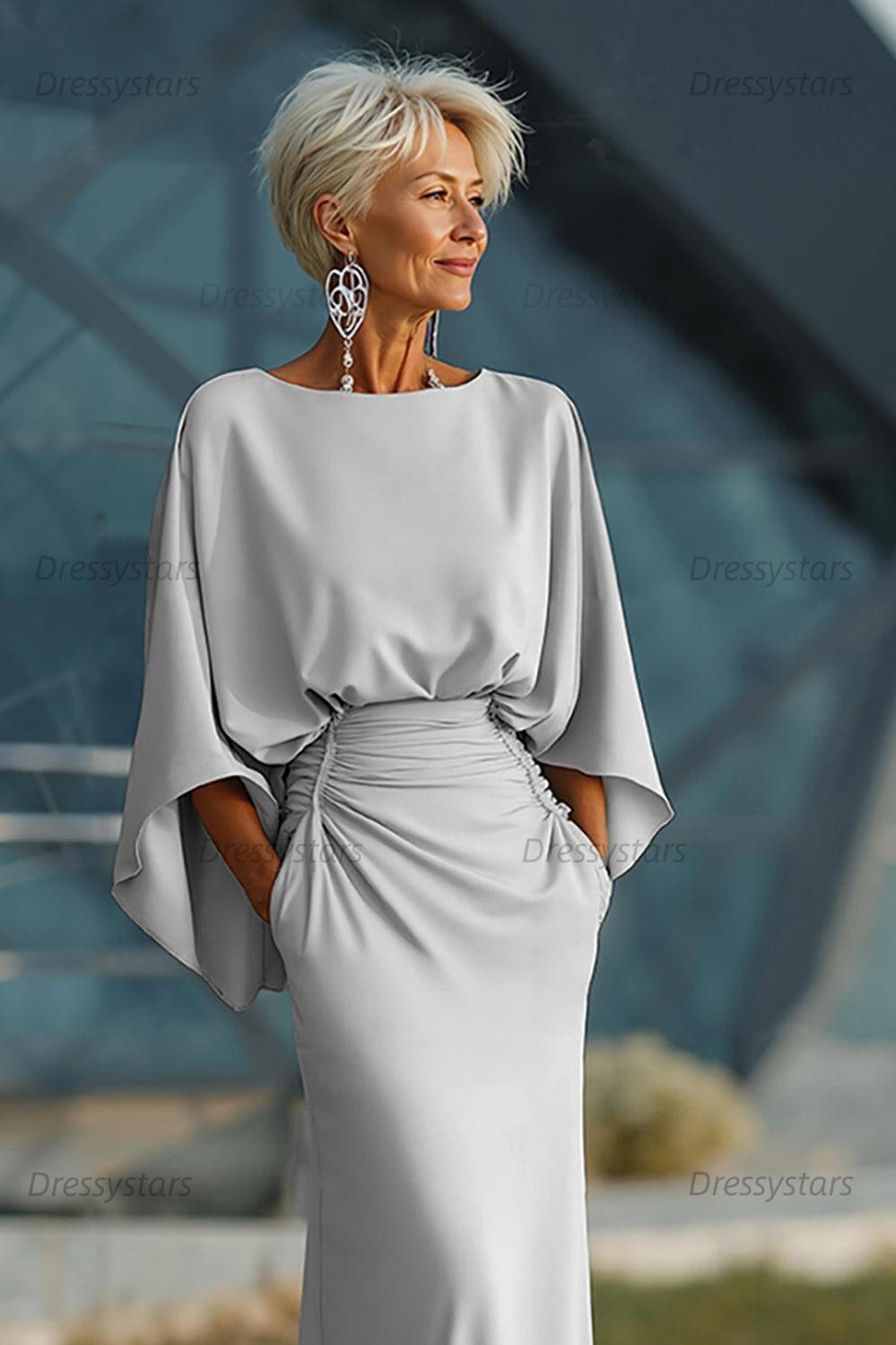 Elegant Navy Satin Mermaid Backless Long Mother Of The Bride Dress With Pockets