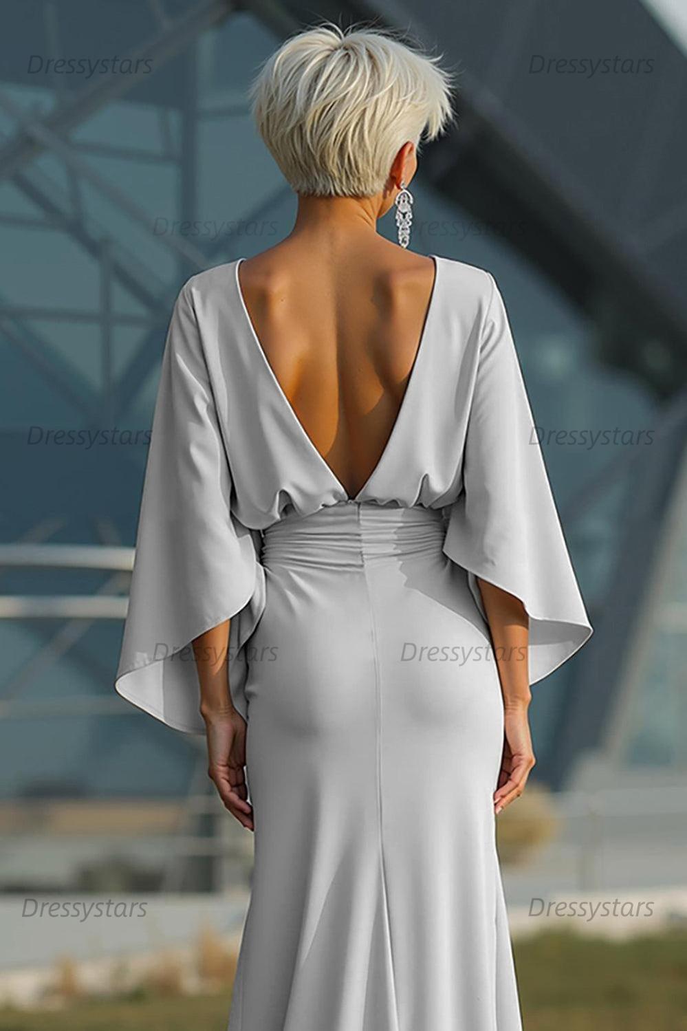 Elegant Navy Satin Mermaid Backless Long Mother Of The Bride Dress With Pockets