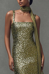 Dressystars Elegant Olive Sheath Sequin Scarf Neck Long Holiday Party Dress