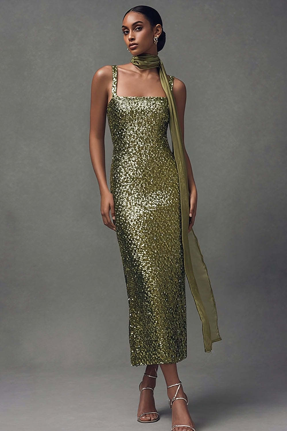 Dressystars Elegant Olive Sheath Sequin Scarf Neck Long Holiday Party Dress