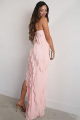 Dressystars Elegant Pink Strapless Cascading Ruffle Long Prom Evening Dress Formal Evening Gown