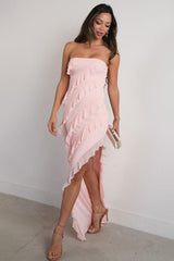 Dressystars Elegant Pink Strapless Cascading Ruffle Long Prom Evening Dress Formal Evening Gown