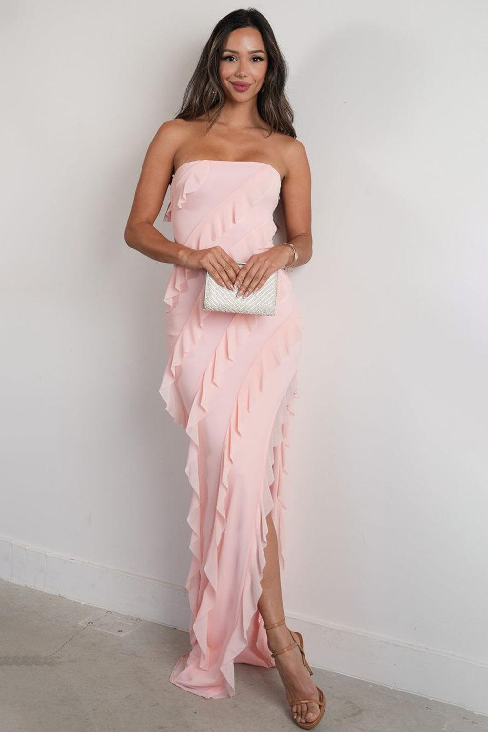 Dressystars Elegant Pink Strapless Cascading Ruffle Long Prom Evening Dress Formal Evening Gown