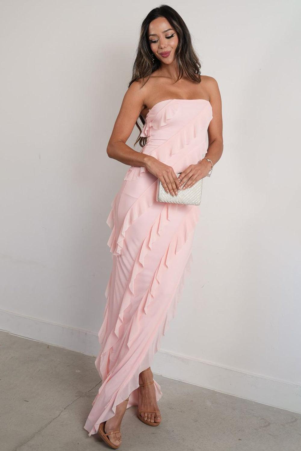 Dressystars Elegant Pink Strapless Cascading Ruffle Long Prom Evening Dress Formal Evening Gown