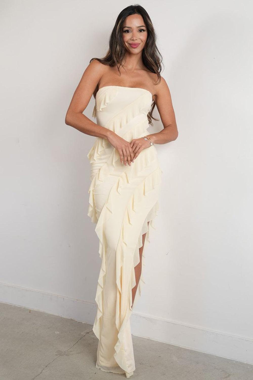 Dressystars Elegant Pink Strapless Cascading Ruffle Long Prom Evening Dress Formal Evening Gown