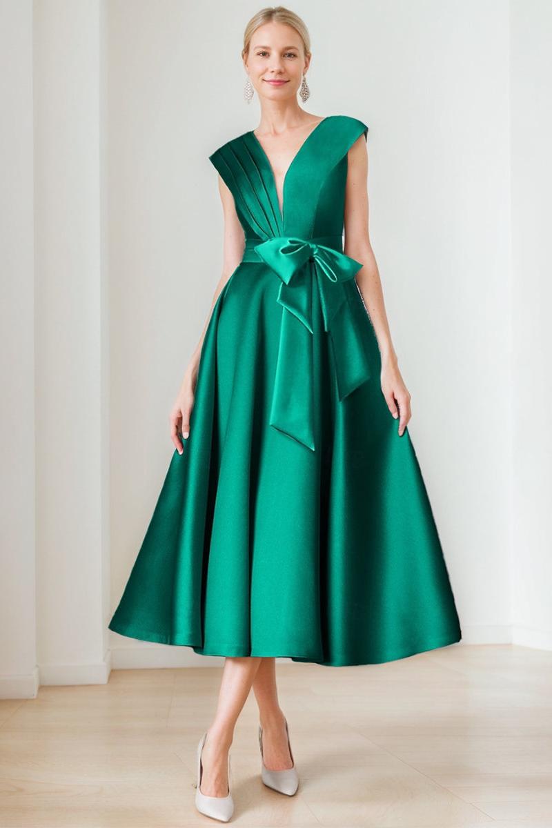 Elegant Pleated A-Line V-Neck Sleeveless Dress for Mothers of the Bride & Groom Featuring Bow Belt and Pocket