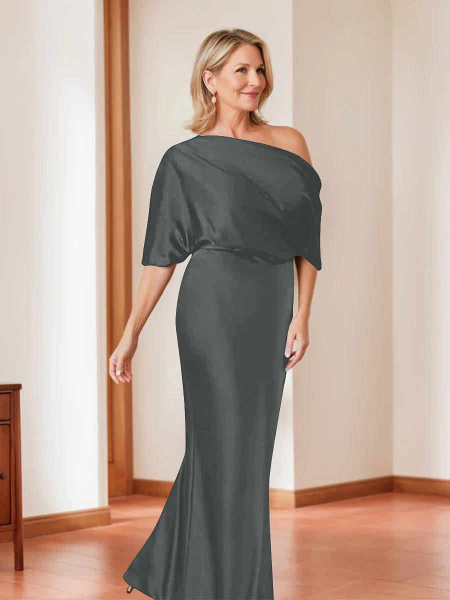 Elegant Plus Size Mother of the Bride One-Shoulder Sheath Dress with 1/2 Sleeves