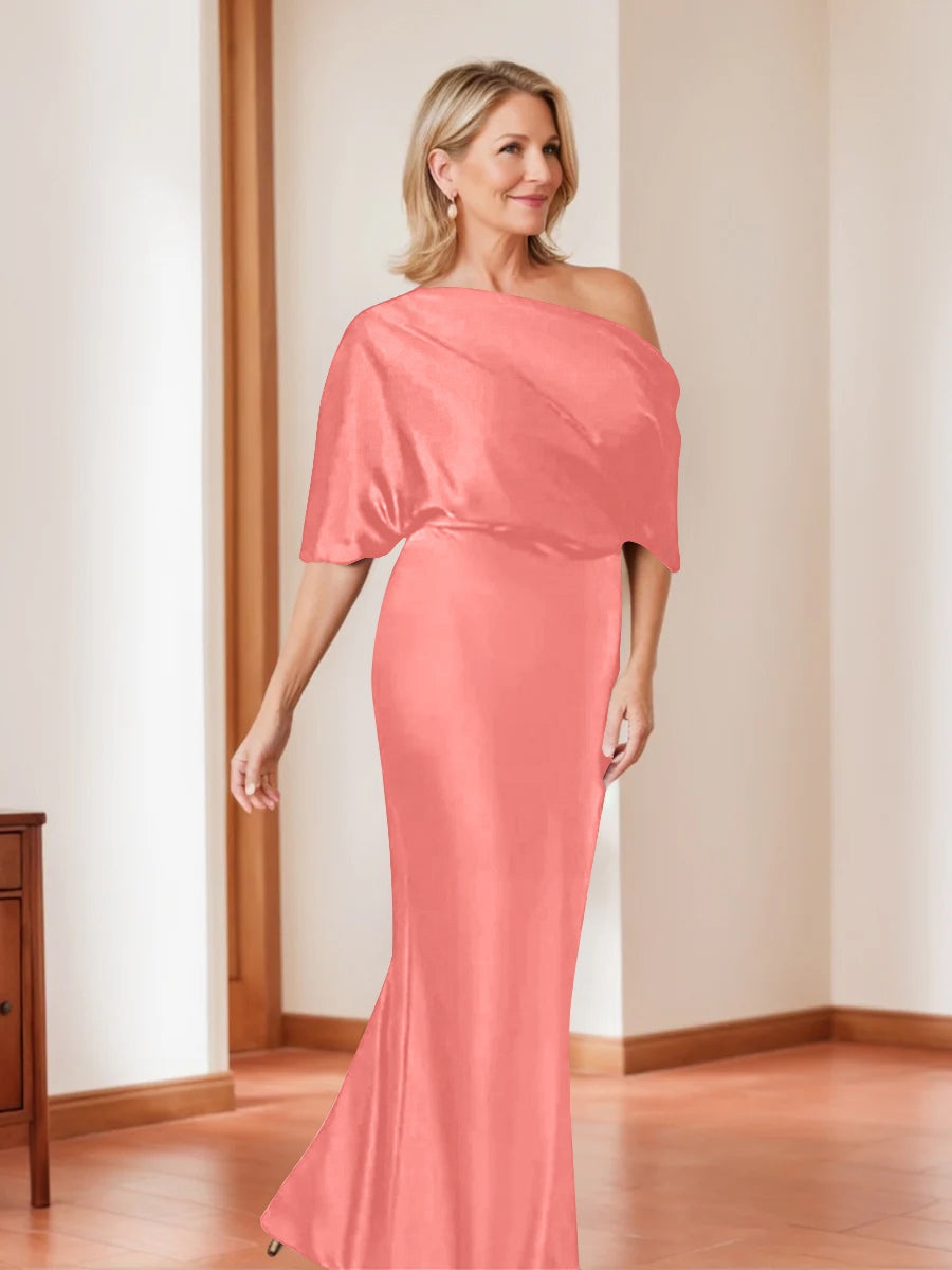 Elegant Plus Size Mother of the Bride One-Shoulder Sheath Dress with 1/2 Sleeves