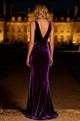 Dressystars Elegant Purple Mermaid V-Neck Backless Long Velvet Holiday Party Dress With Beading