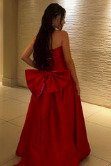 Red Strapless Ball Gown Prom Dress With Statement Bow Back Formal Evening Gown