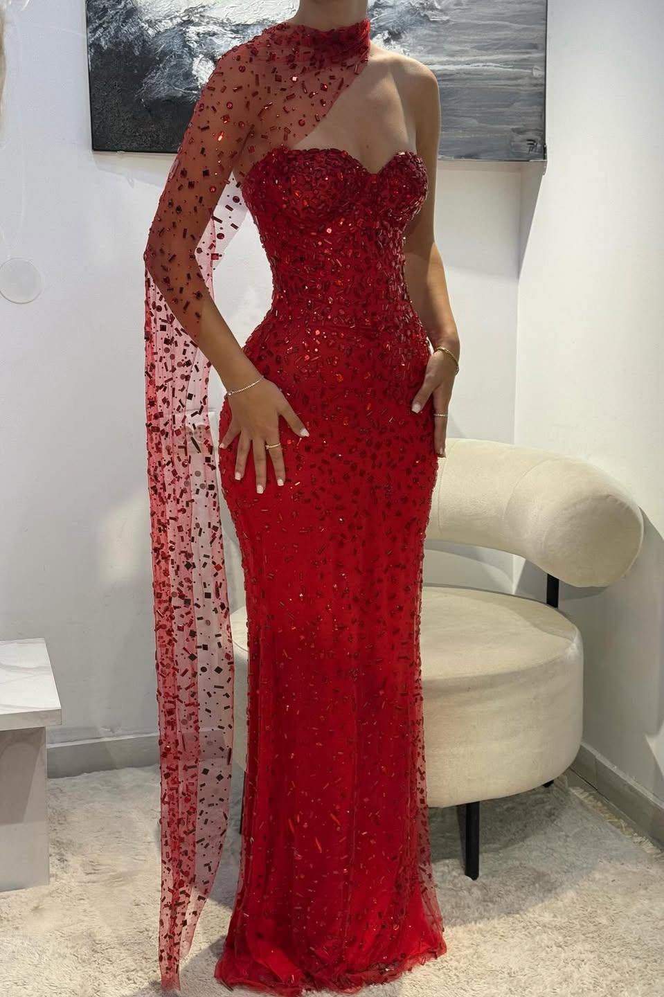 Elegant Red Sweetheart Beaded Fitted Mermaid Prom Dress With Scarf Formal Evening Gown