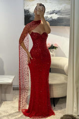 Elegant Red Sweetheart Beaded Fitted Mermaid Prom Dress With Scarf Formal Evening Gown