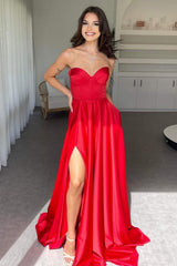 Dressystars Elegant Red Sweetheart Satin A-Line Prom Dress With High Leg Slit Formal Evening Gown