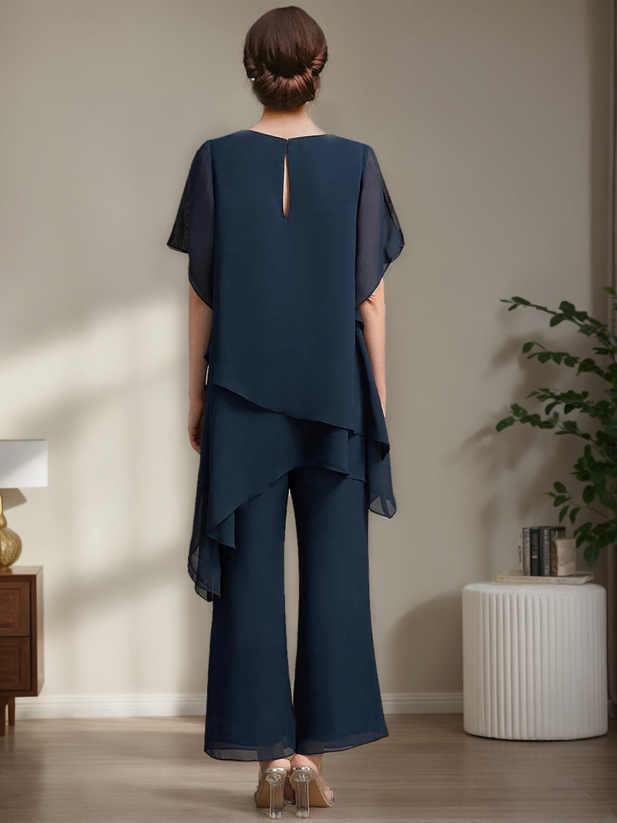 Elegant Round Neck Chiffon Pantsuits for the Mother of the Bride 2-Piece Set with Ruffles