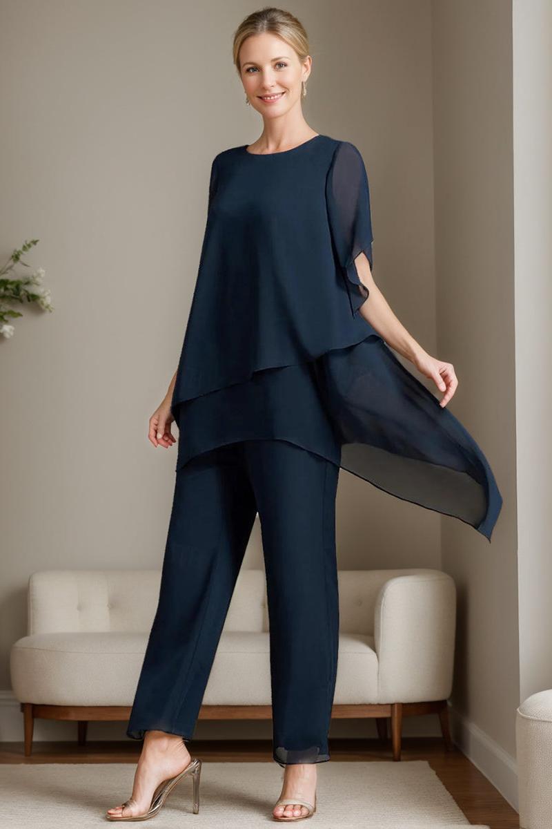 Elegant Round Neck Chiffon Pantsuits for the Mother of the Bride 2-Piece Set with Ruffles