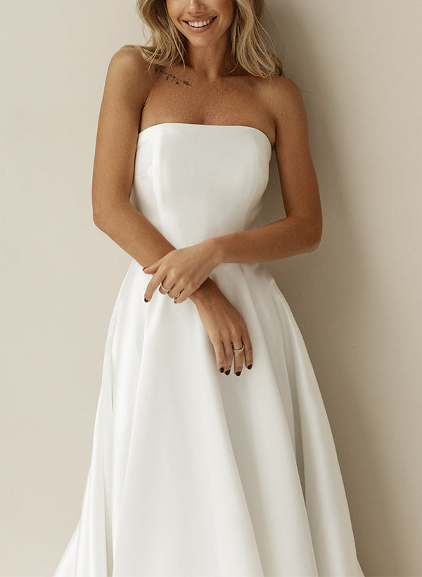 Elegant Satin Wedding Dress with A Line Silhouette Strapless Design Sleeveless Style and Sweep Train
