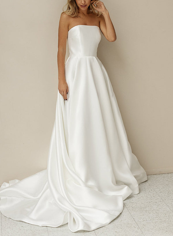 Elegant Satin Wedding Dress with A Line Silhouette Strapless Design Sleeveless Style and Sweep Train