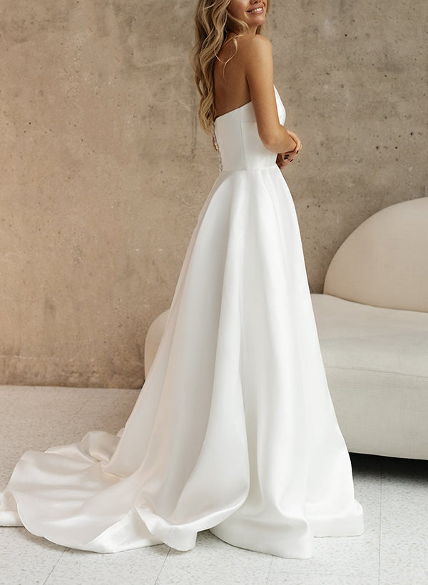Elegant Satin Wedding Dress with A Line Silhouette Strapless Design Sleeveless Style and Sweep Train
