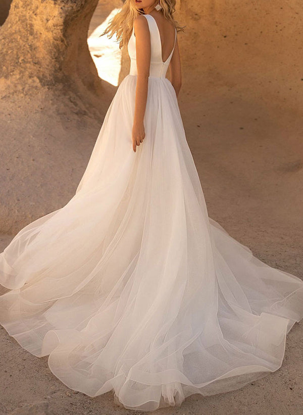 Elegant Satin/Tulle Wedding Dress with A Line V Neck and Sleeveless Design Court Train