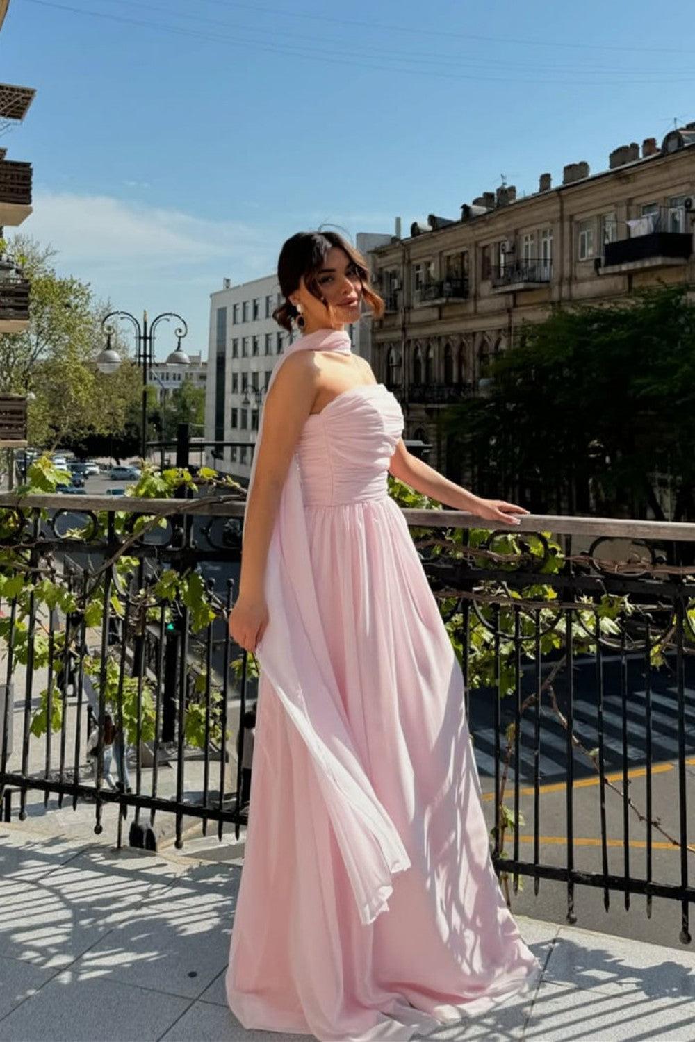 Strapless A-Line Chiffon Long Prom Dress With Scarf Detail Formal Evening Gown
