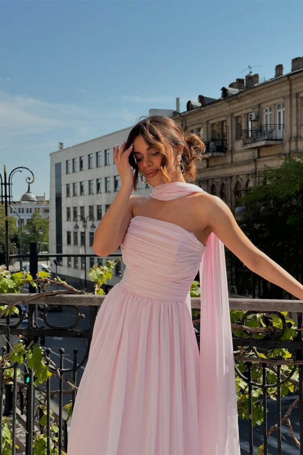 Strapless A-Line Chiffon Long Prom Dress With Scarf Detail Formal Evening Gown
