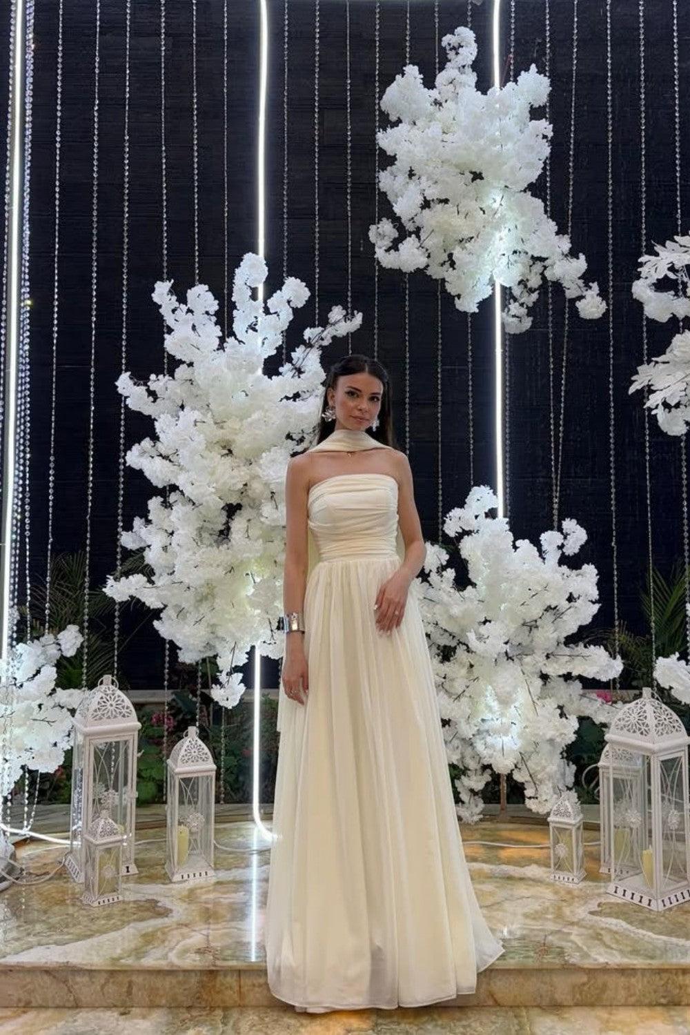 Strapless A-Line Chiffon Long Prom Dress With Scarf Detail Formal Evening Gown