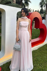 Strapless A-Line Chiffon Long Prom Dress With Scarf Detail Formal Evening Gown