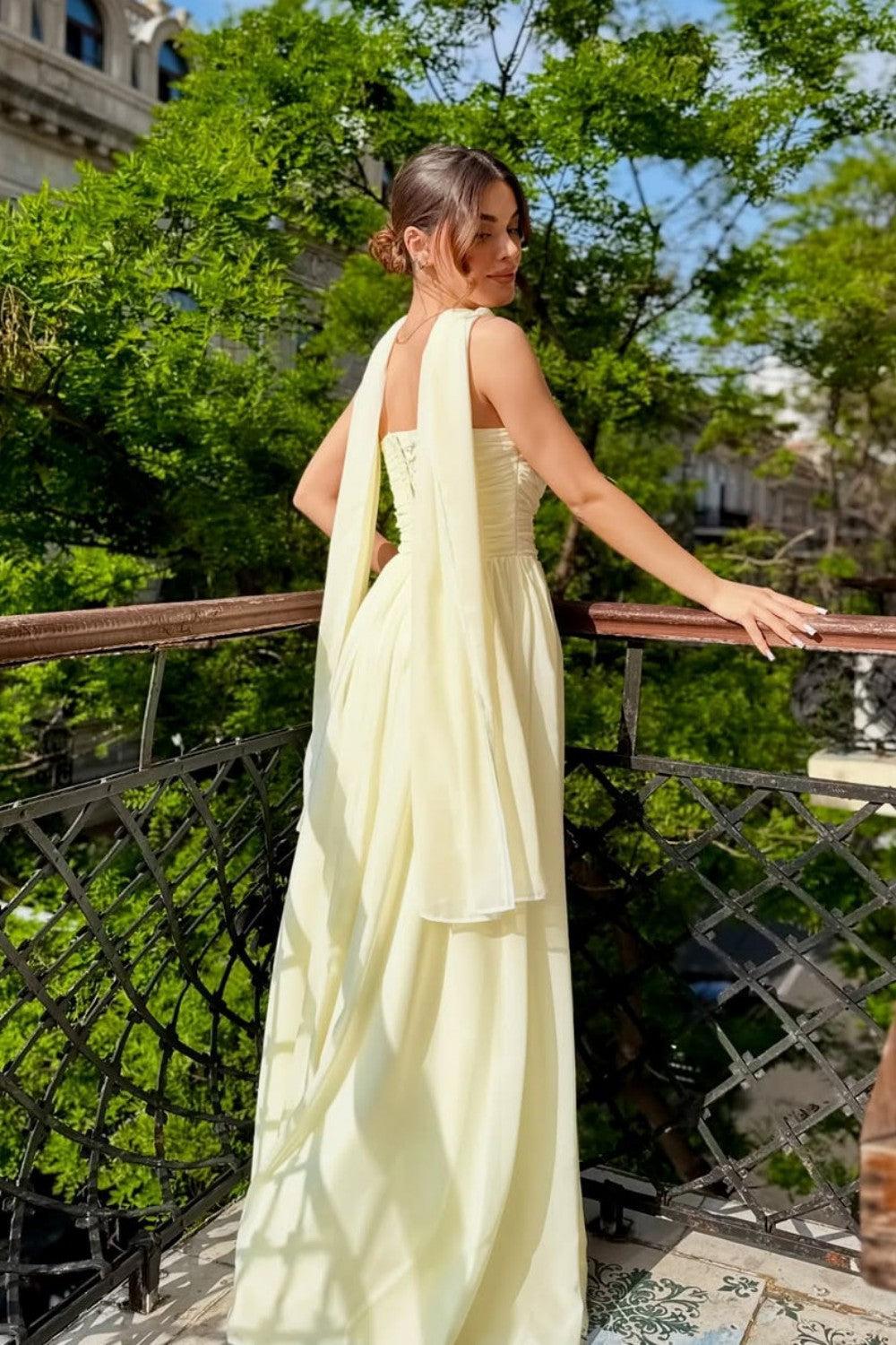 Strapless A-Line Chiffon Long Prom Dress With Scarf Detail Formal Evening Gown