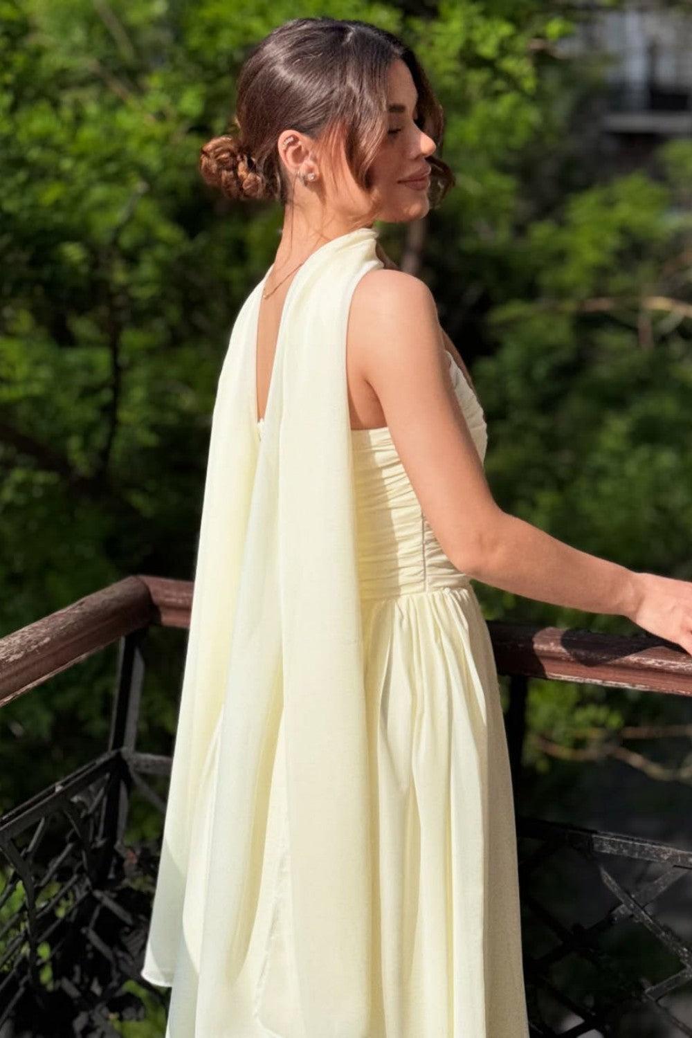 Strapless A-Line Chiffon Long Prom Dress With Scarf Detail Formal Evening Gown