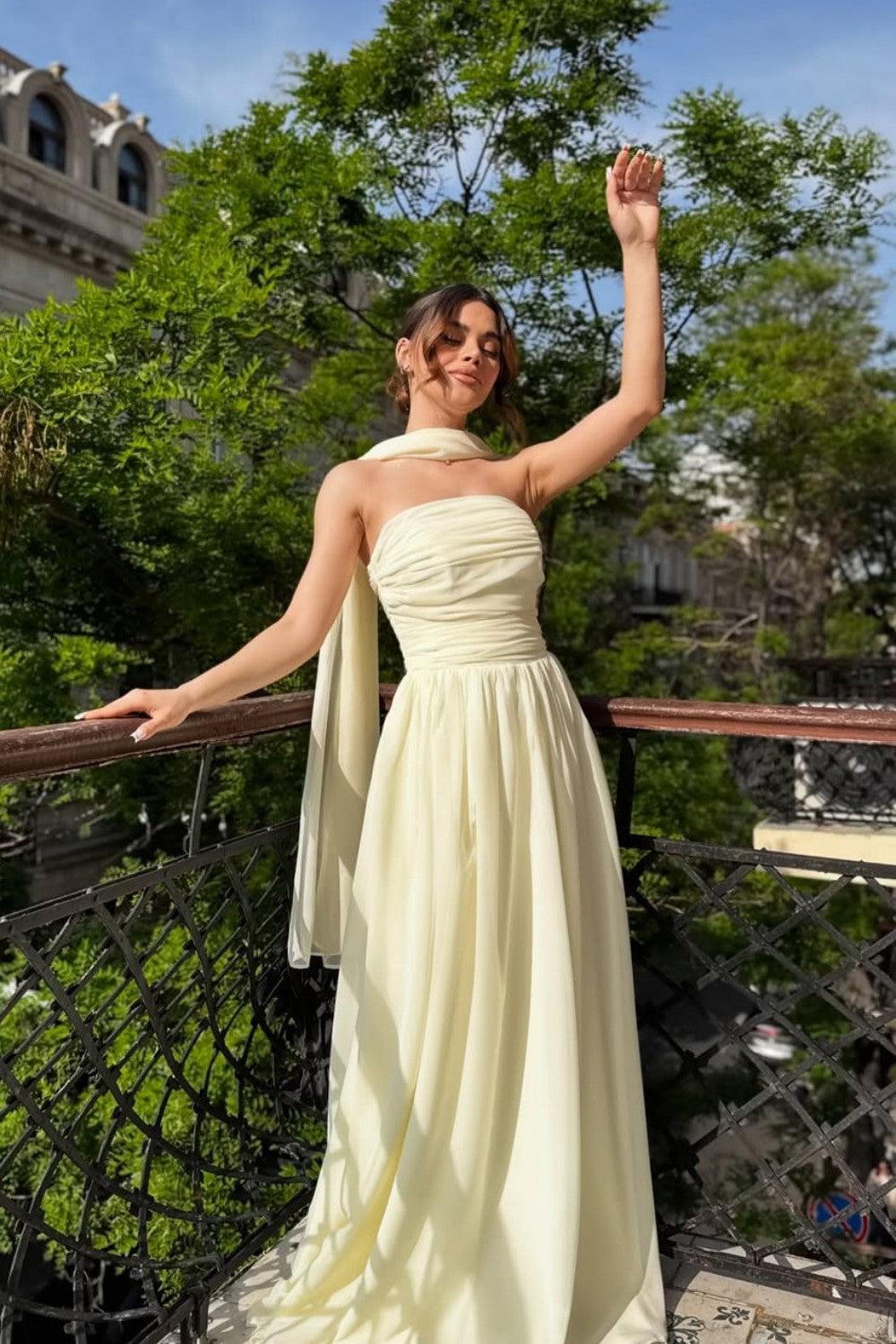 Strapless A-Line Chiffon Long Prom Dress With Scarf Detail Formal Evening Gown