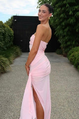 Elegant Strapless Pink Prom Dress With Ruched Bodice And High Slit Formal Evening Gown