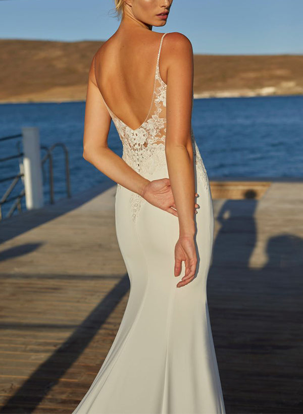 Elegant Trumpet Mermaid Cowl Neck Lace Elastic Satin Wedding Dress