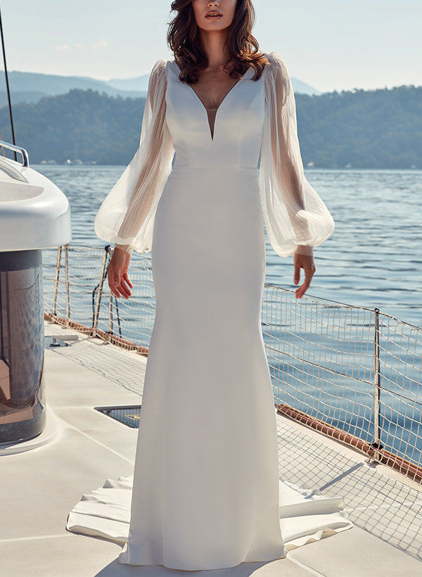 Elegant Trumpet Mermaid V Neck Long Sleeves Wedding Gowns