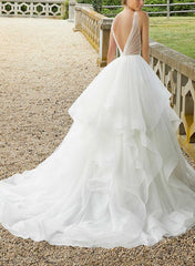Elegant Tulle Cascading Ruffles V neck Wedding Dress