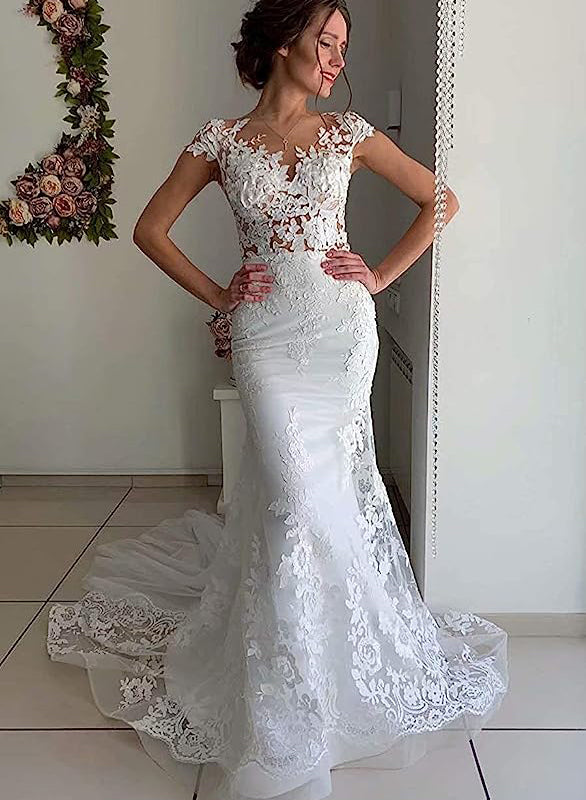 Elegant Tulle Wedding Dress Mermaid Lace Appliques with Panel Train