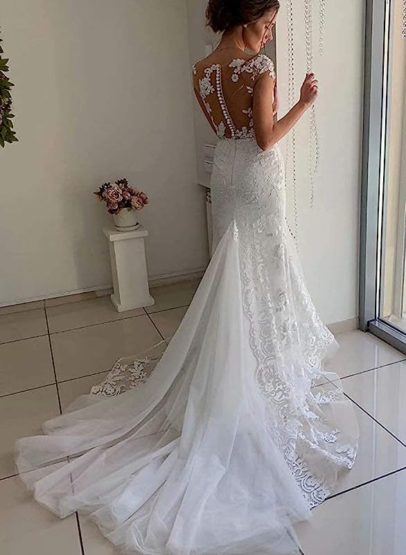 Elegant Tulle Wedding Dress Mermaid Lace Appliques with Panel Train