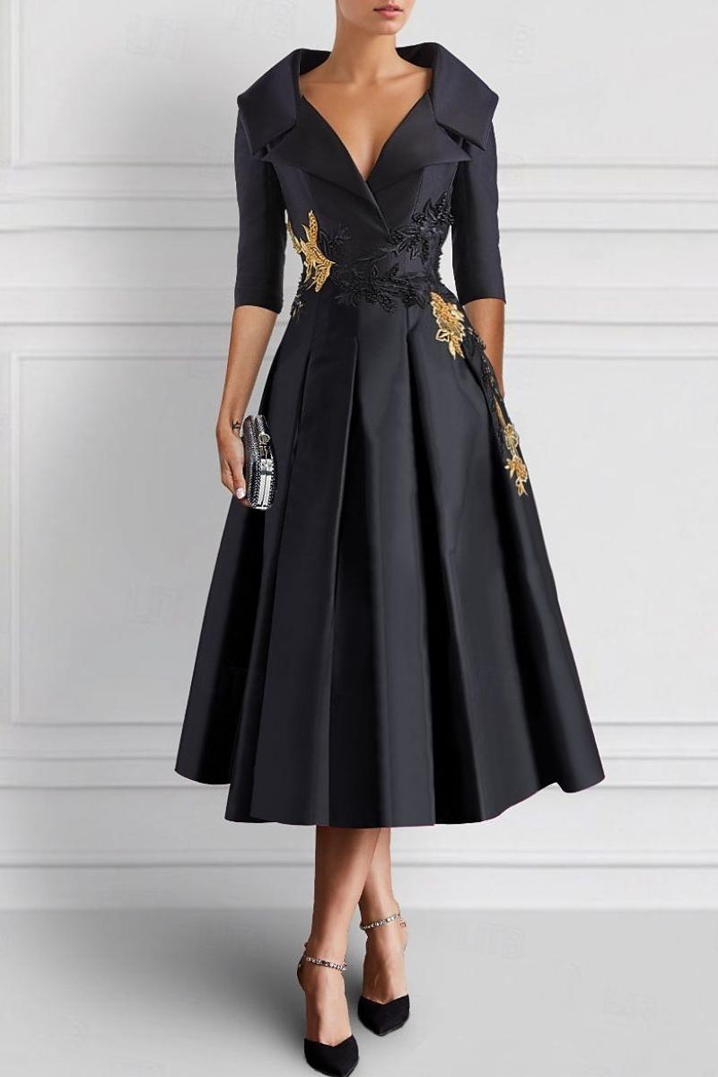 Elegant V-Neck A-Line Princess Tea-Length Mother of the Bride Dresses with Appliques