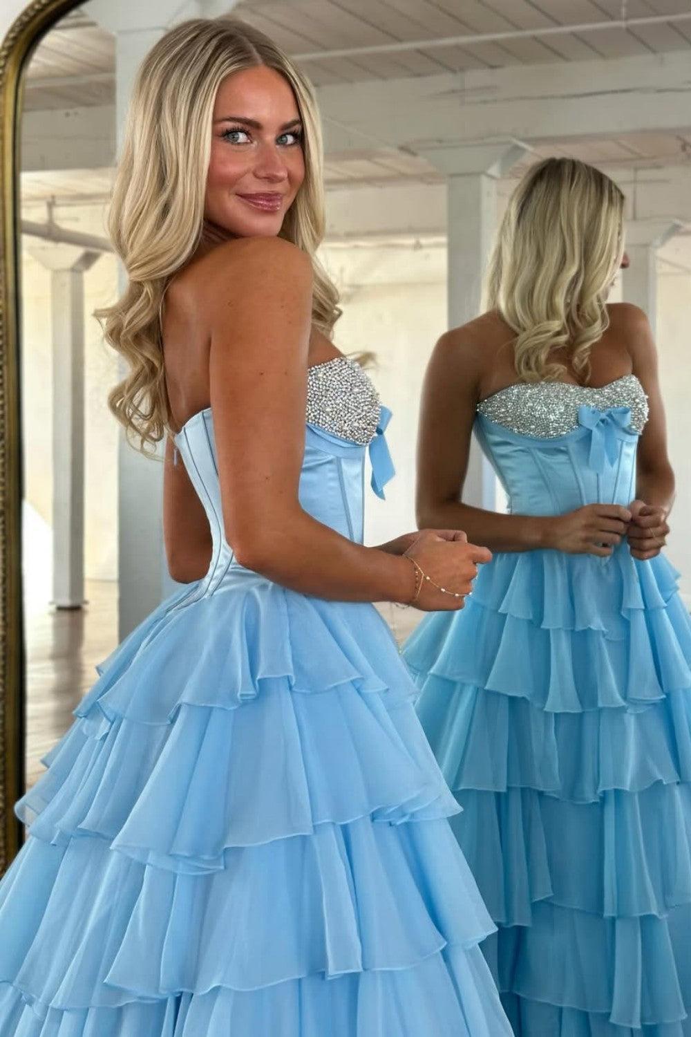 A Line Sweetheart Yellow Corset Prom Dress With Beading Ruffles Formal Evening Gown