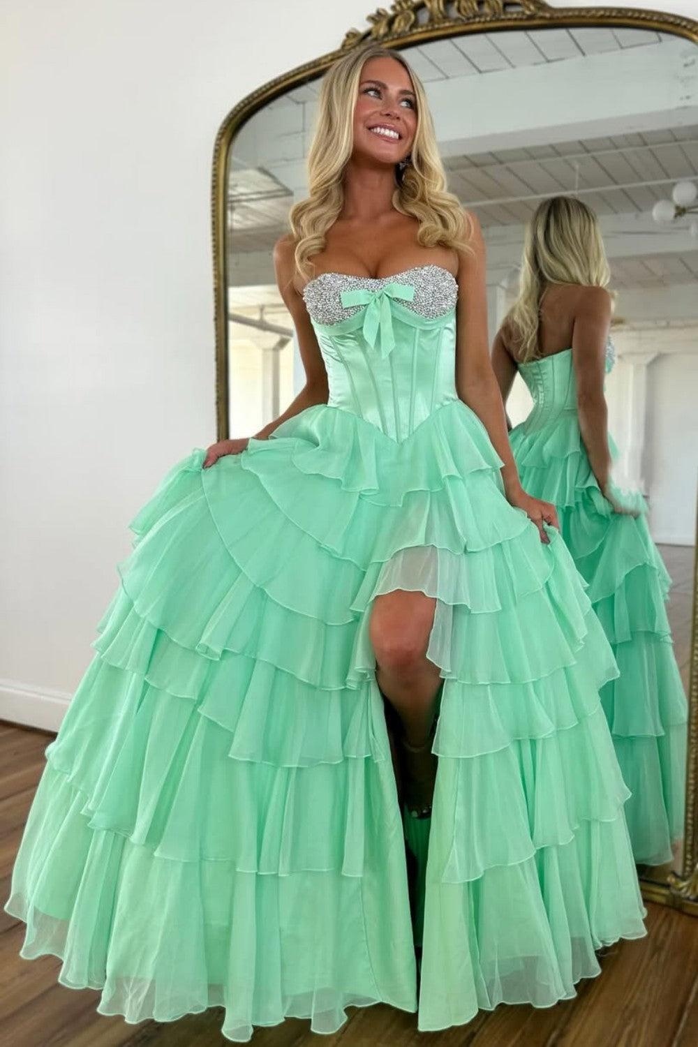A Line Sweetheart Yellow Corset Prom Dress With Beading Ruffles Formal Evening Gown