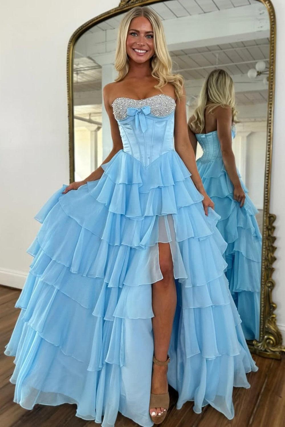 A Line Sweetheart Yellow Corset Prom Dress With Beading Ruffles Formal Evening Gown