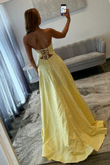 Yellow Sweetheart Jacquard Prom Dress With Front Cutout Detail Formal Evening Gown